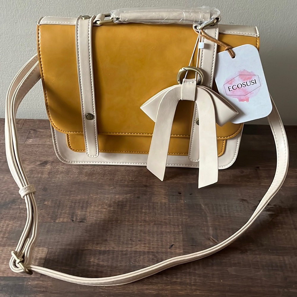 NWT Ecosusi Mustard and Light Beige purse gold hardware and beautiful bow